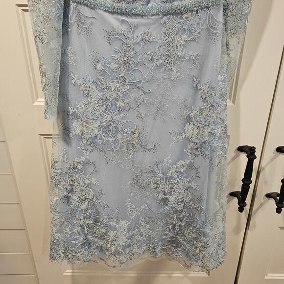 Mac Duggal 68020 Blue Embellished Lace Long Sleeve Beaded Midi Dress Size 12 - Picture 4 of 9